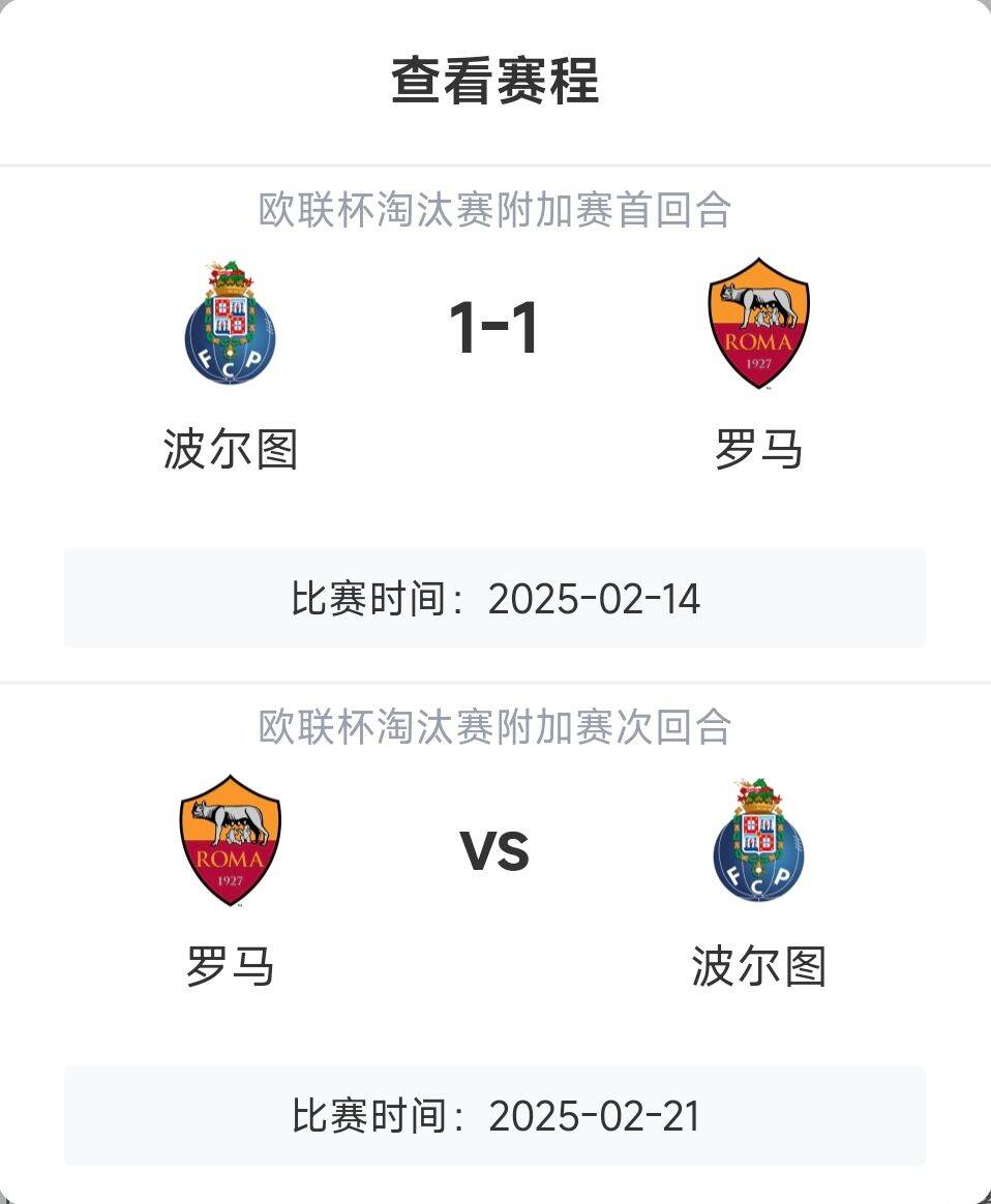  羅馬頂?shù)米幔恳饧讱W戰(zhàn)8隊3隊直通4隊出局，羅馬首回合1-1波爾圖